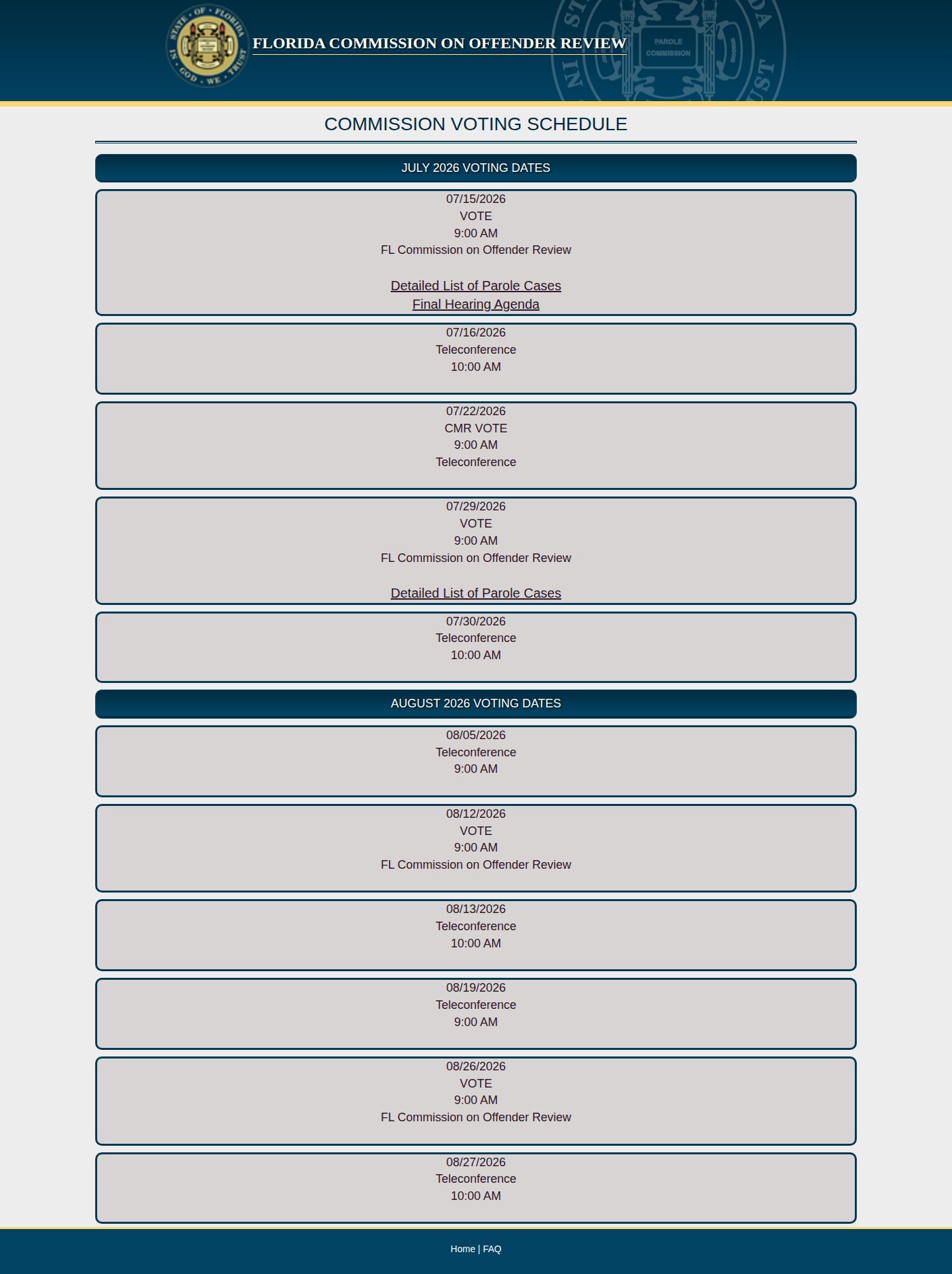 Florida parole hearing schedule used for Taylor County supervision research